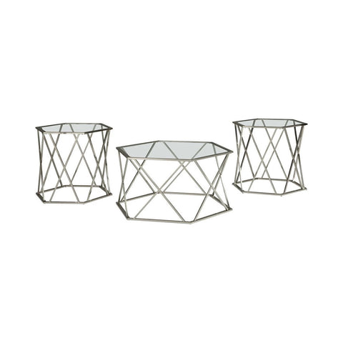 Set With Inserted Glass Top, Set Of Three, Silver And Clear