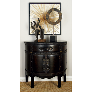 DARK BROWN WOOD VINTAGE FAUX LEATHER CABINET WITH FAUX LEATHER BUCKLE