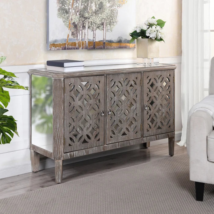 Mirrored and Distressed Wood Dresser with Three Doors Flanked by Filigree