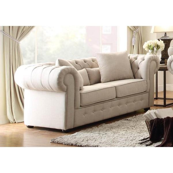 Button Tufted Loveseat With Rolled Arms, Beige