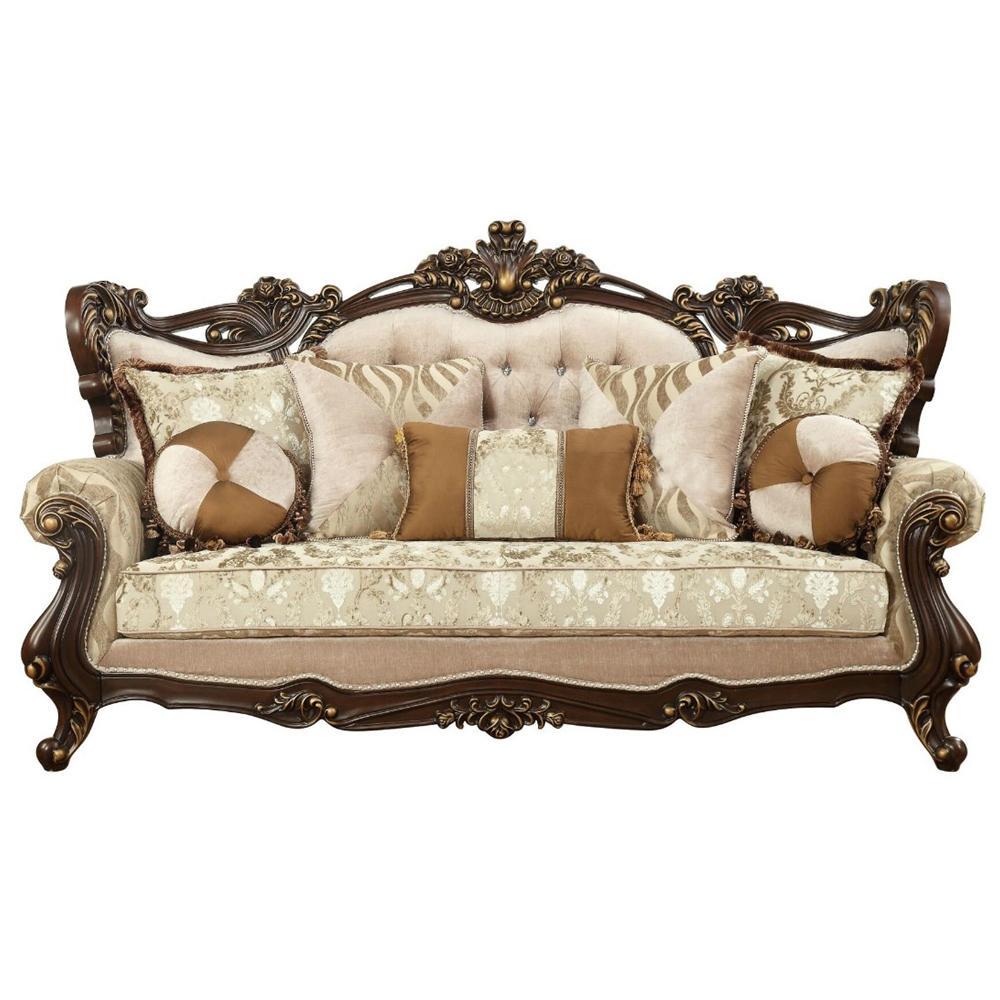 Rolled Arm Loveseat With Floral Arched Backrest And Five Pillows, Brown And Beige