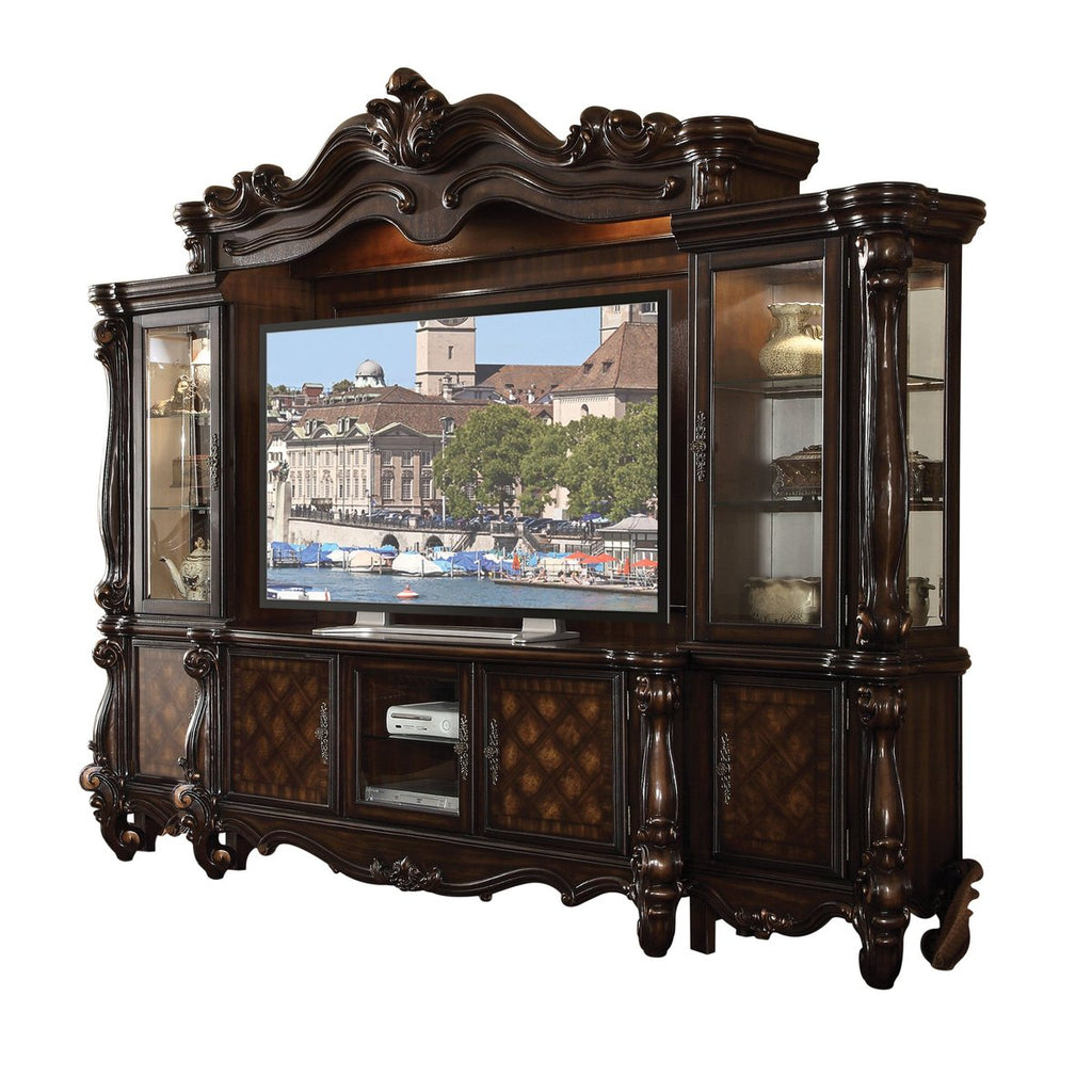 Wood And Glass Entertainment Centre With Scrollwork Details, Brown
