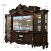 Wood And Glass Entertainment Centre With Scrollwork Details, Brown