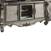 Wood And Glass Entertainment Center With Scrollwork Details, Silver