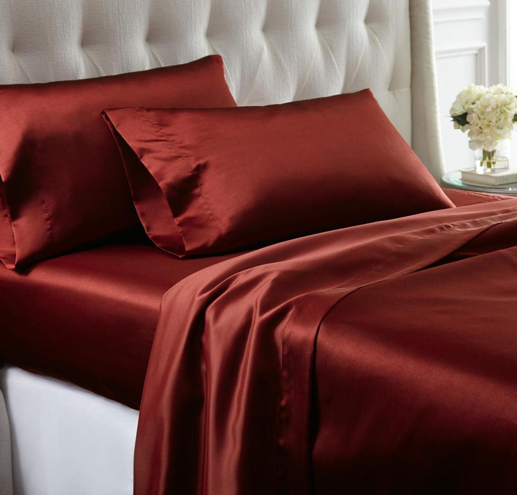 Nantes 4 Piece Wrinkle Resistant Queen Size Satin Sheet Set , Ruby Red