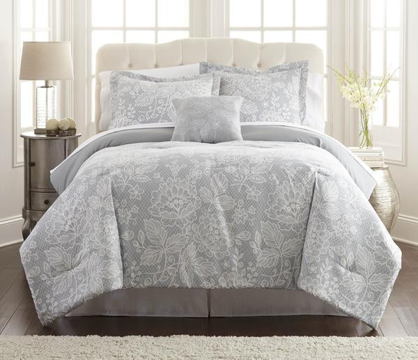 8 Piece Full Size Printed Reversible Comforter Set ,Gray And White