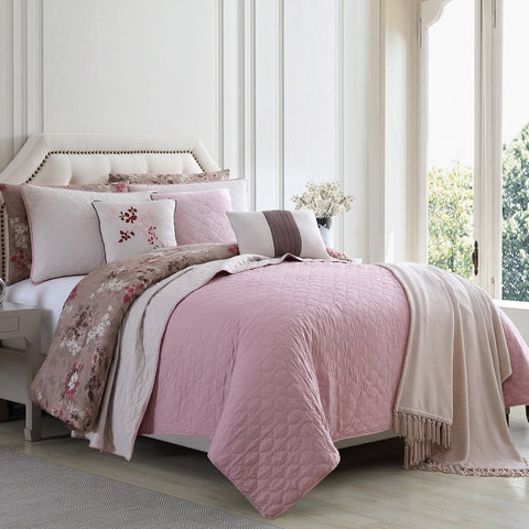 10 Piece Queen Size Comforter And Coverlet Set , Brown And Pink
