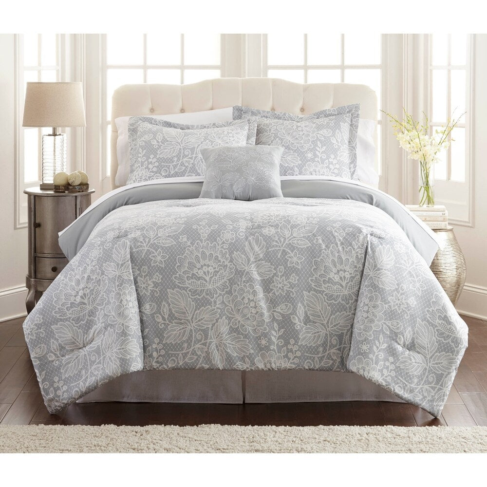 Lyon 8 Piece Full Size Printed Reversible Comforter Set ,Gray And White - BM202723