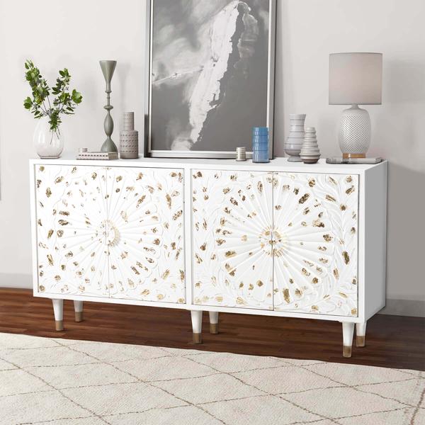 4 Door Wooden Sideboard with Engraved Sunburst Design Front, White and Gold