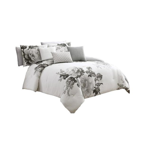 7 Piece Cotton Queen Comforter Set With Floral Print, Gray And White -