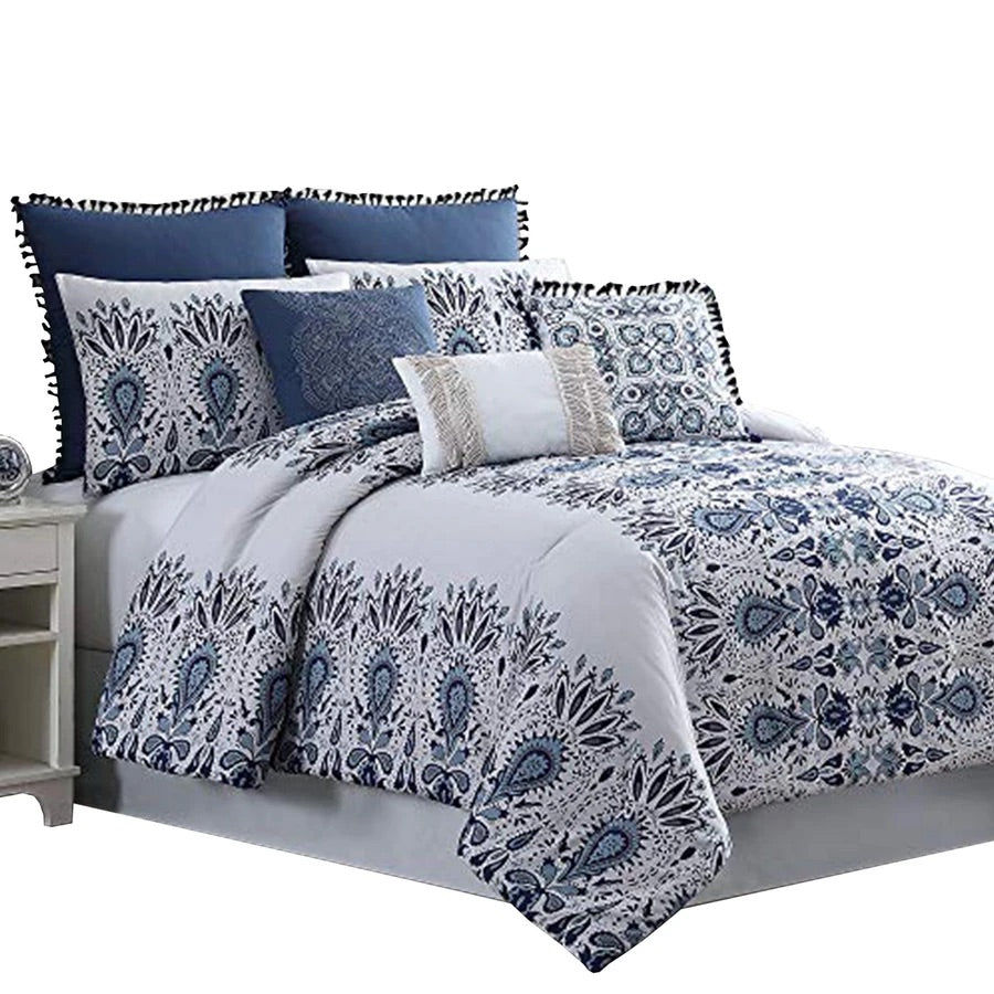 Constanta 8 Piece Queen Comforter Set With Floral Print The Urban Port,Blue And White