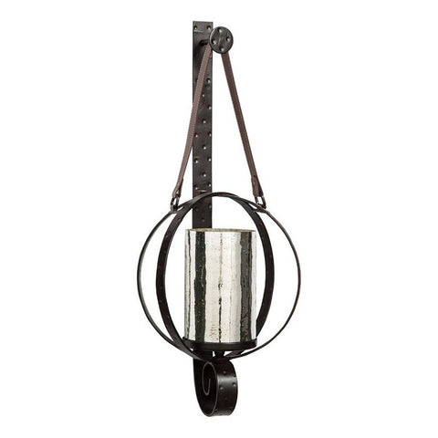 Intersected Round Metal Wall Sconce With Mercury Glass Hurricane, Bronze