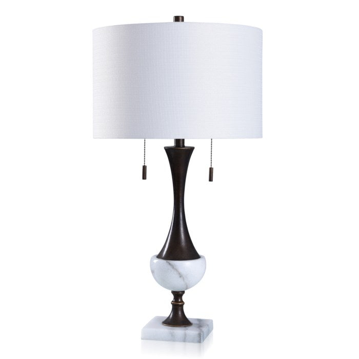 Oiled Bronze & Solid White Mable Table Lamp with Twin Pull Chains |