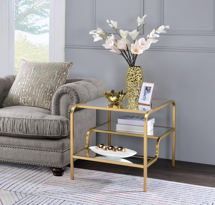 Metal Frame Mirrored End Table With Tiered Shelves, Gold And Silver