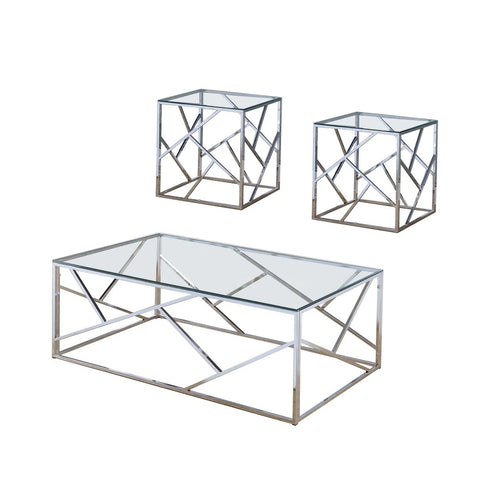 Industrial 3 Piece Table Set With Open Geometric Base In Clear And Silver