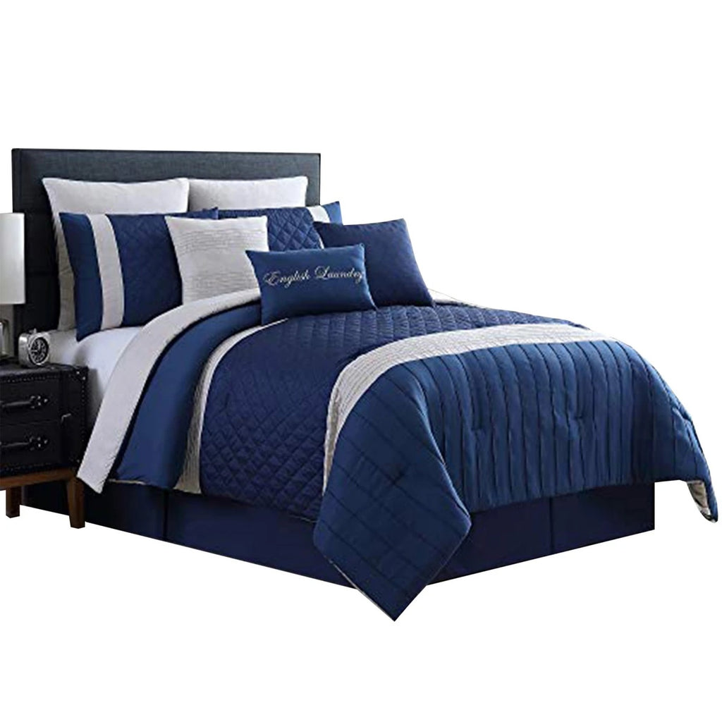 Basel Pleated Queen Comforter Set With Diamond Pattern The Urban Port, Blue And White