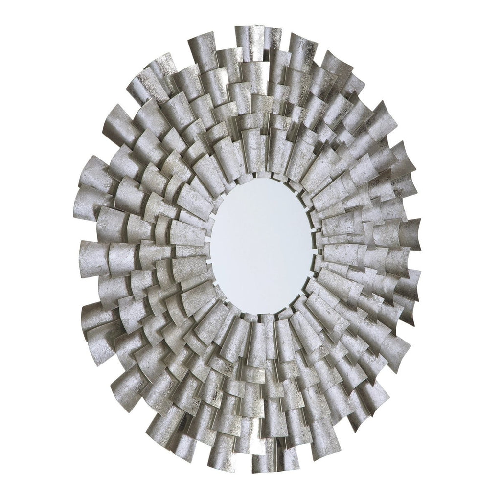 Round Shaped Metal Accent Mirror With Sunburst Design, Silver -