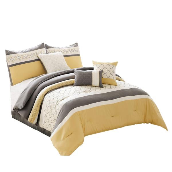 Quatrefoil Print Queen Size 7 Piece Fabric Comforter Set, Yellow And Gray l