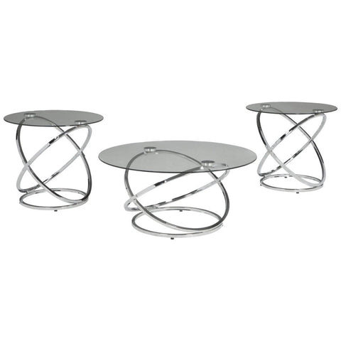 Contemporary Glass Top Table Set With Metal Rings Base, Clear And Silver
