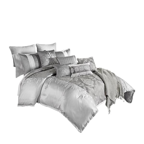12 Piece King Polyester Comforter Set With Medallion Print, Platinum Gray